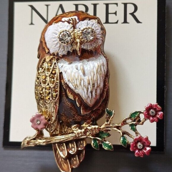Napier Jewelry - NAPIER Autumn Fall Owl On Branch Gold Enamel Clear/Gold Crystal Brooch Pin